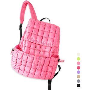 Quilted Puffer Backpack for Women, Pink